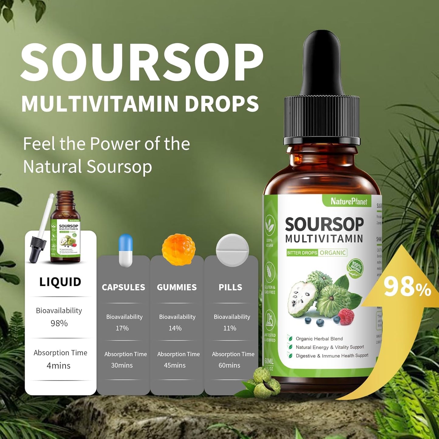 Gouttes liquides amères de corossol avec vitamines C, D3 et B6